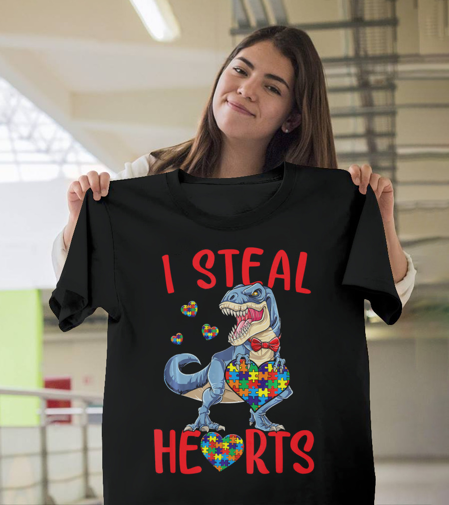 I Steal Hearts Dinosaur With Puzzle Piece Hearts Autism Awareness T-Shirt