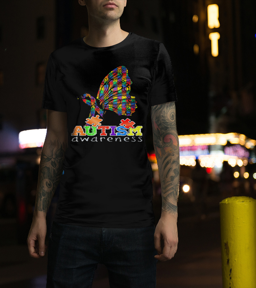 Autism Awareness Butterfly Ribbon Puzzle Autism Awareness T-Shirt