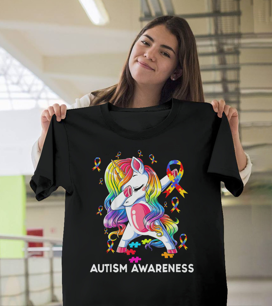 Autism Awareness Rainbow Unicorn With Puzzle T-Shirt