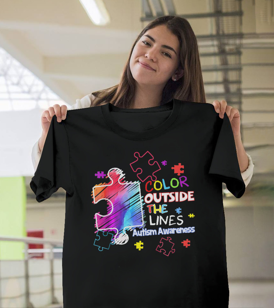 Autism Awareness Color Outside the Lines Puzzle Pieces T-Shirt