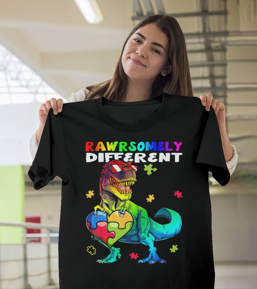 Rawrsomely Different Autism Awareness Dinosaur Puzzle Heart T-Shirt