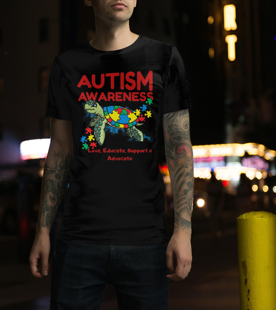 Autism Awareness Love Educate Support Advocate Puzzle Turtle T-Shirt