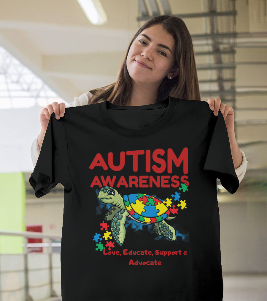 Autism Awareness Love Educate Support Advocate Puzzle Turtle T-Shirt