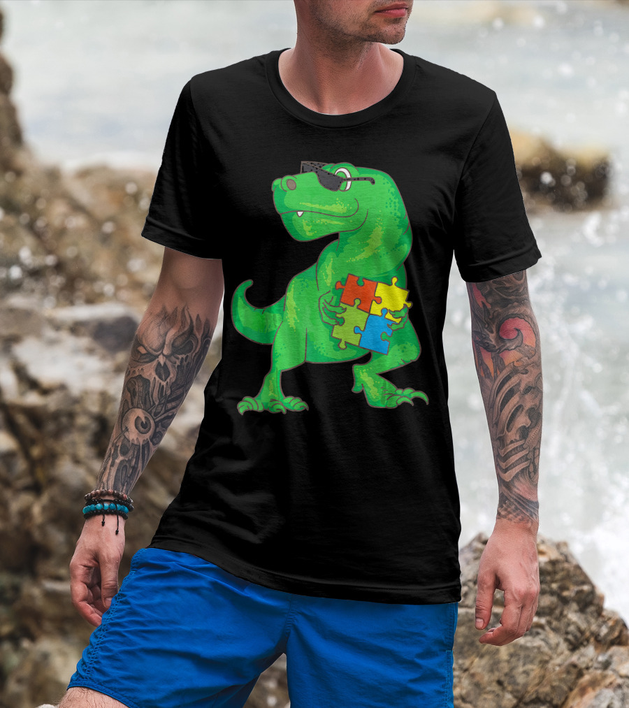 Autism Awareness Month Dinosaur Holding Puzzle Pieces T-Shirt