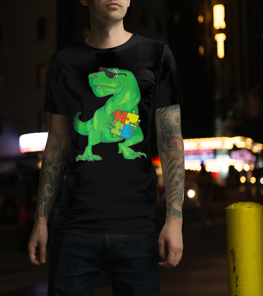Autism Awareness Month Dinosaur Holding Puzzle Pieces T-Shirt