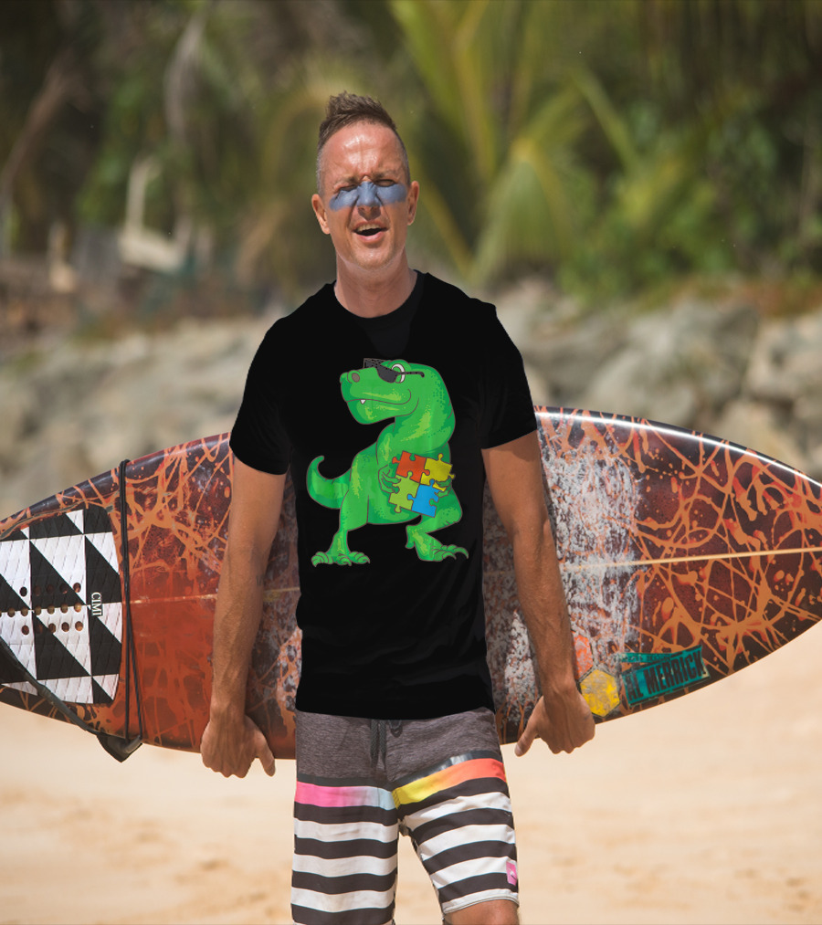 Autism Awareness Month Dinosaur Holding Puzzle Pieces T-Shirt