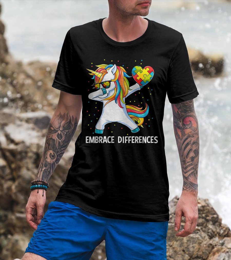 Embrace Differences Autism Awareness Unicorn Dab Puzzle Heart T-Shirt