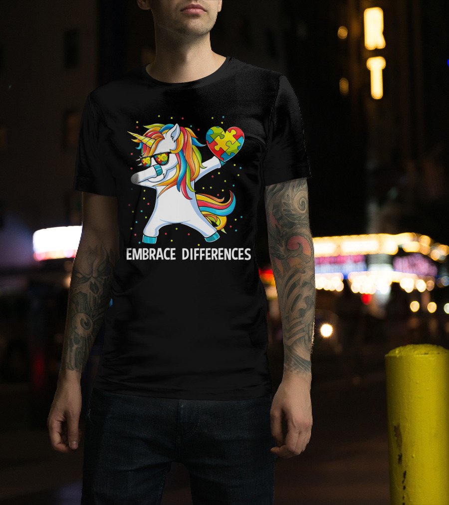 Embrace Differences Autism Awareness Unicorn Dab Puzzle Heart T-Shirt
