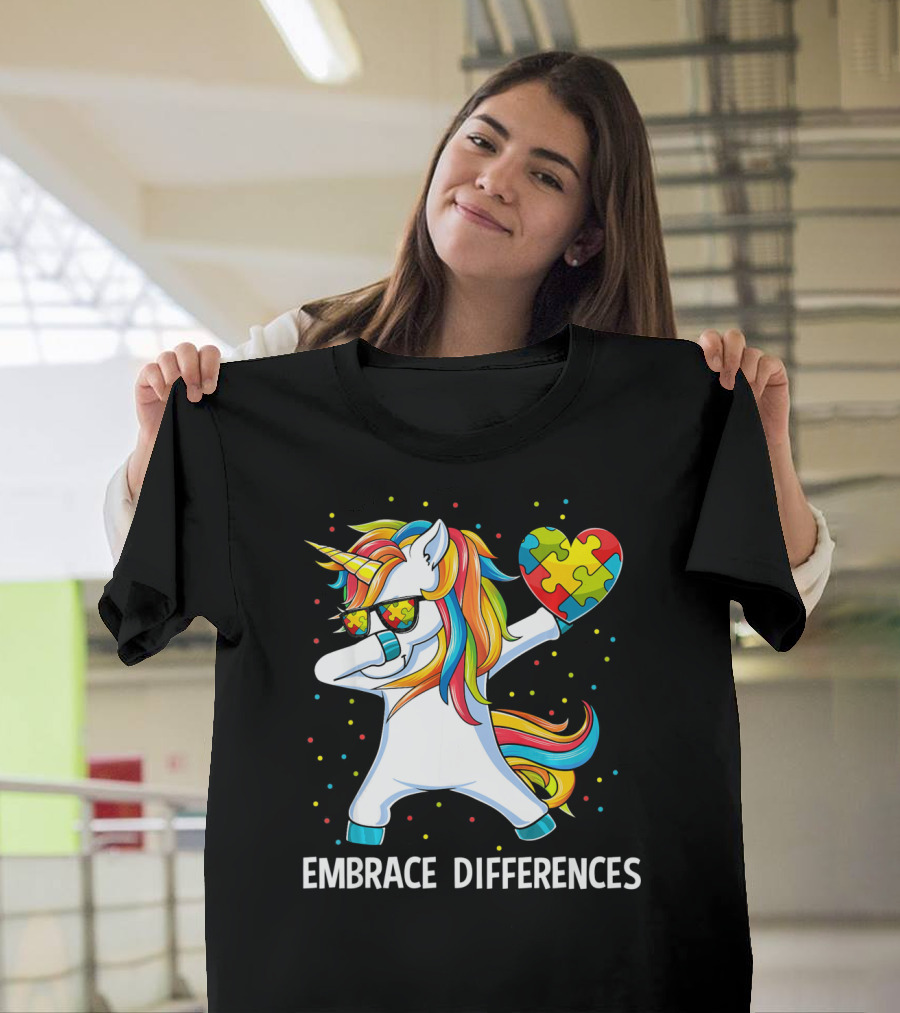 Embrace Differences Autism Awareness Unicorn Dab Puzzle Heart T-Shirt