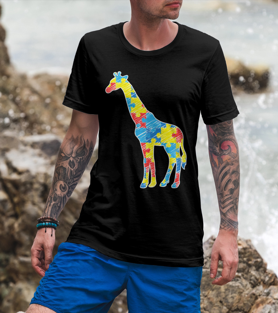 Cute Giraffe Puzzle Pattern Autism Awareness T-Shirt