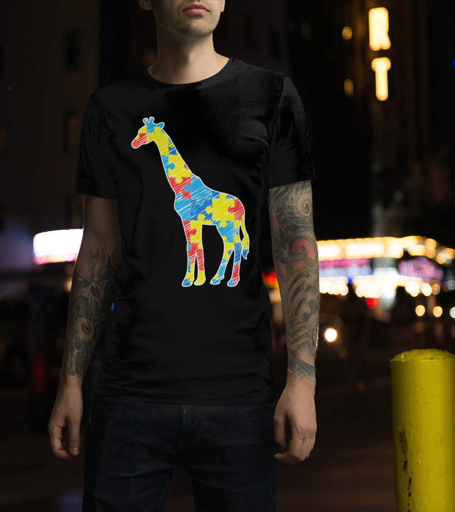 Cute Giraffe Puzzle Pattern Autism Awareness T-Shirt