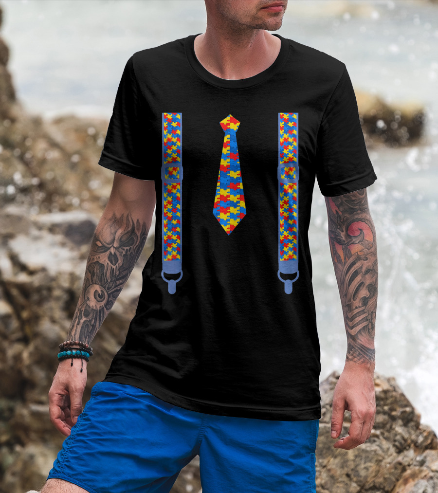 Autism Awareness Tie And Suspenders Puzzle T-Shirt