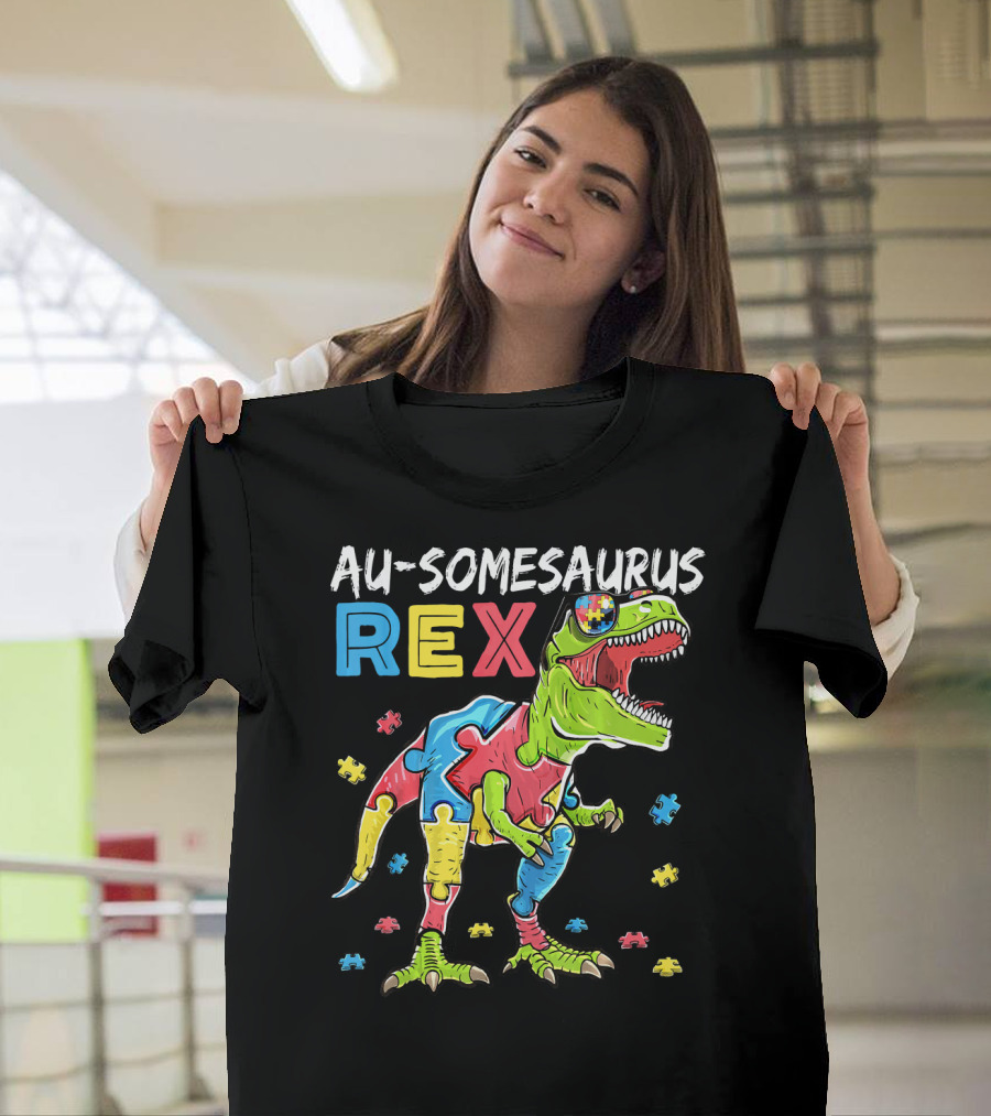 Au-somesaurus Rex Dinosaur Autism Awareness Puzzle Pieces T-Shirt