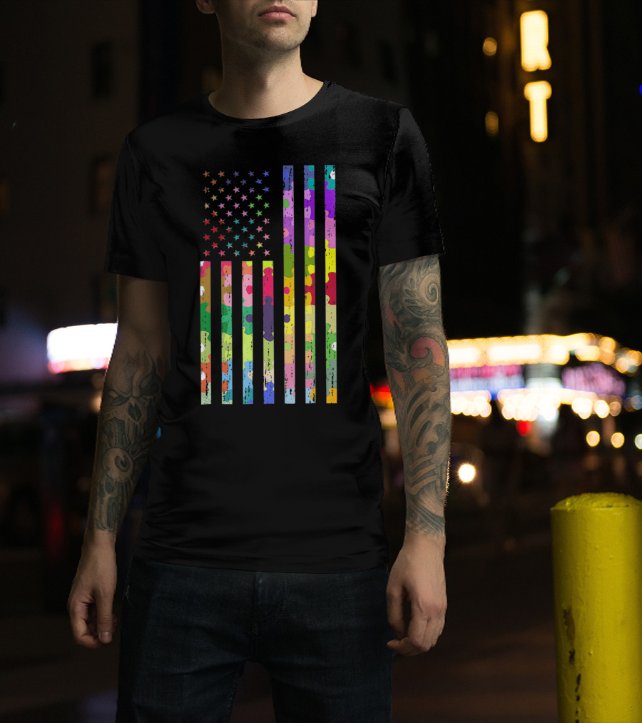 Autism Awareness Puzzle Pattern American Flag T-Shirt