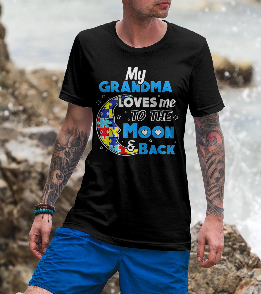 My Grandma Loves Me To The Moon And Back Puzzle Piece Moon Hearts Stars T-Shirt