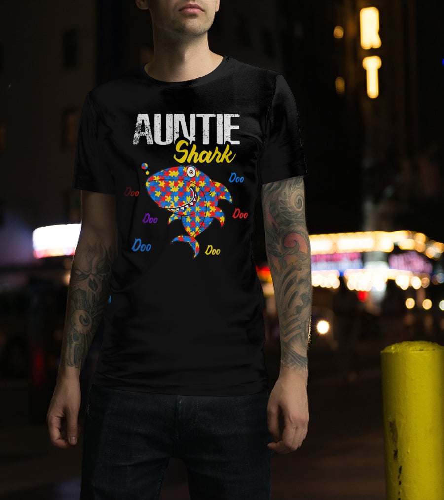 Auntie Shark Autism Awareness Doo Doo Puzzle T-Shirt