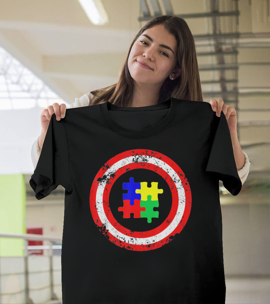 Captain Autism Awareness Shield Puzzle T-Shirt