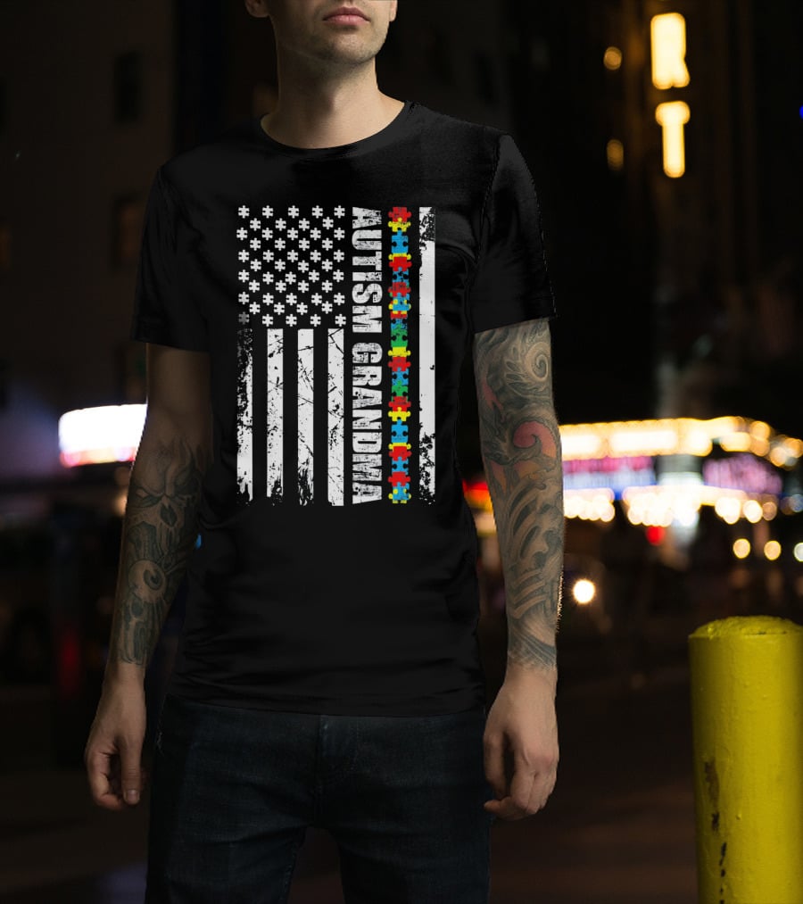 Autism Grandma American Flag Puzzle Piece Awareness T-Shirt
