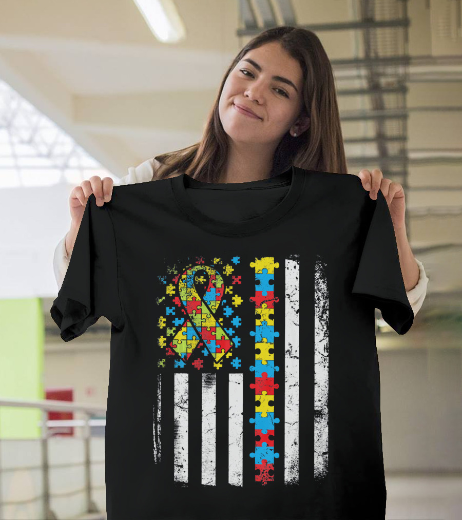 Autism Awareness American Flag Puzzle T-Shirt
