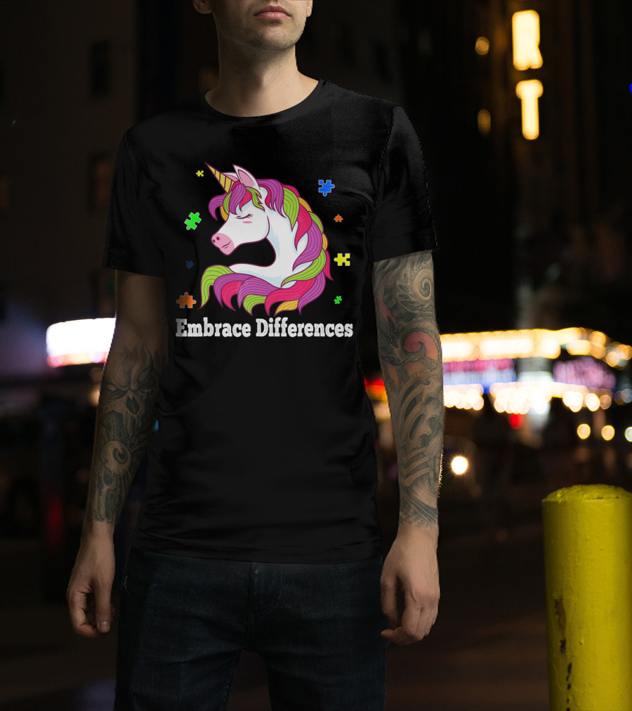 Embrace Differences Autism Awareness Unicorn Puzzle Pieces T-Shirt