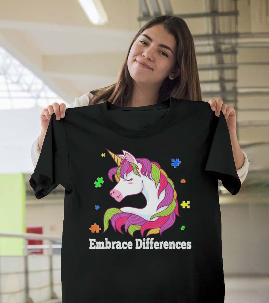 Embrace Differences Autism Awareness Unicorn Puzzle Pieces T-Shirt