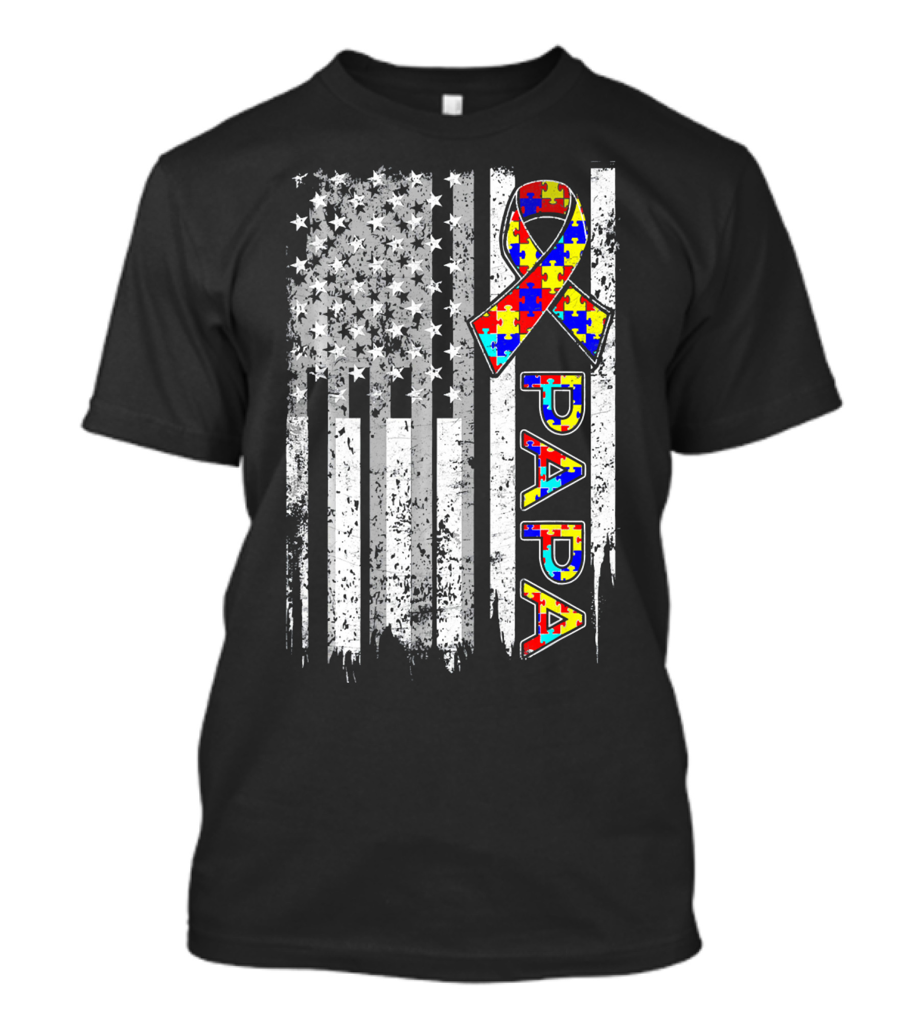 Papa Autism Awareness Puzzle Ribbon American Flag T-Shirt