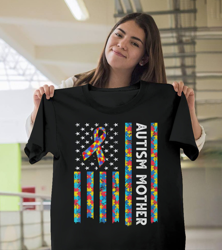Autism Mother Puzzle Ribbon American Flag Awareness T-Shirt