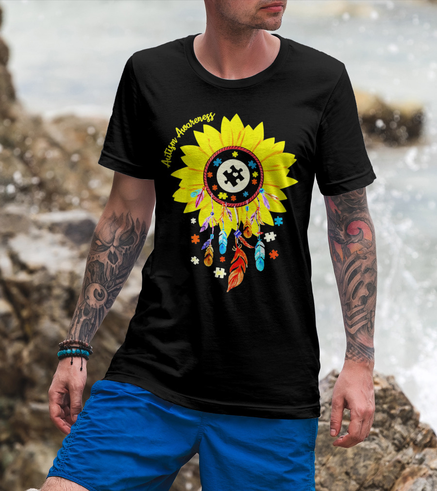 Autism Awareness Dream Catcher Sunflower With Puzzle Pieces T-Shirt