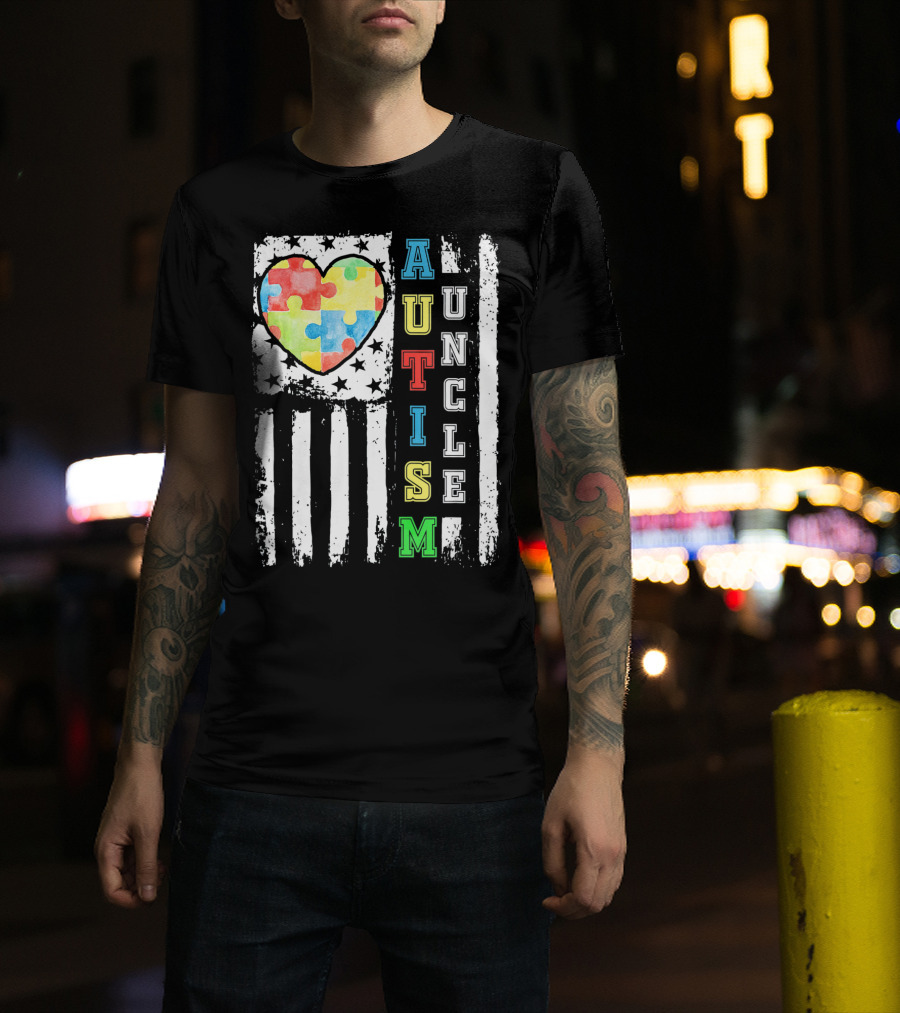 Autism Uncle US Flag Puzzle Heart T-Shirt