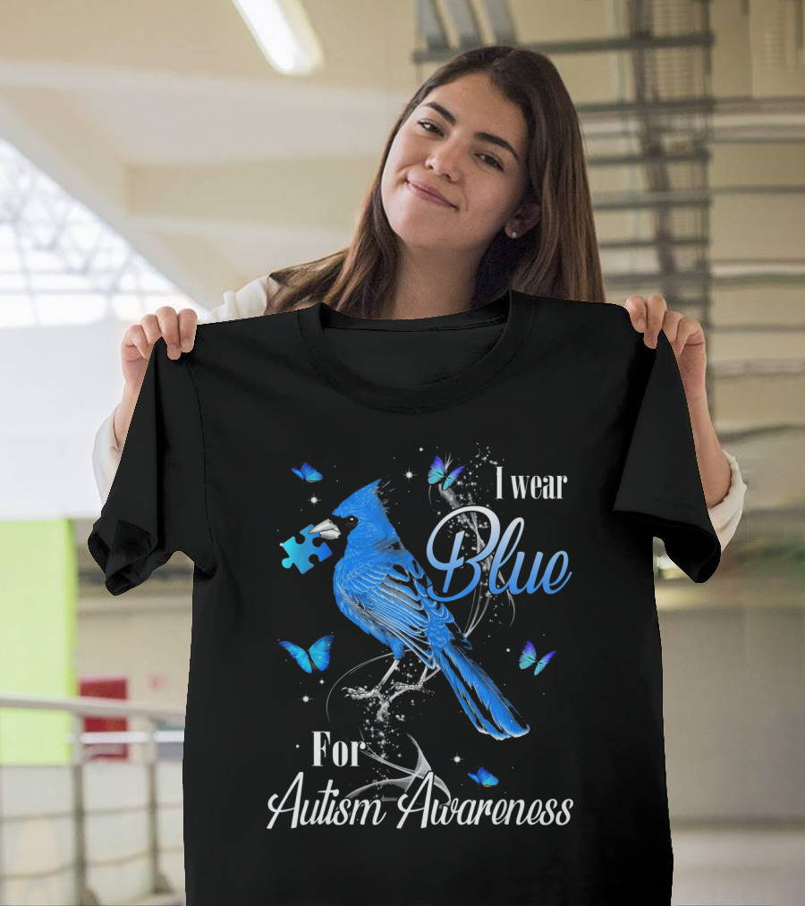 I Wear Blue For Autism Awareness Cardinal Bird Puzzle Piece Butterfly T-Shirt
