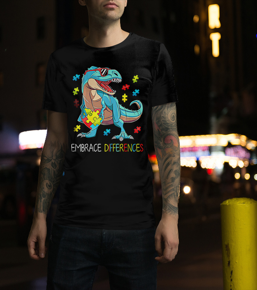 Embrace Differences Autism Awareness Dinosaur Rex Puzzle T-Shirt