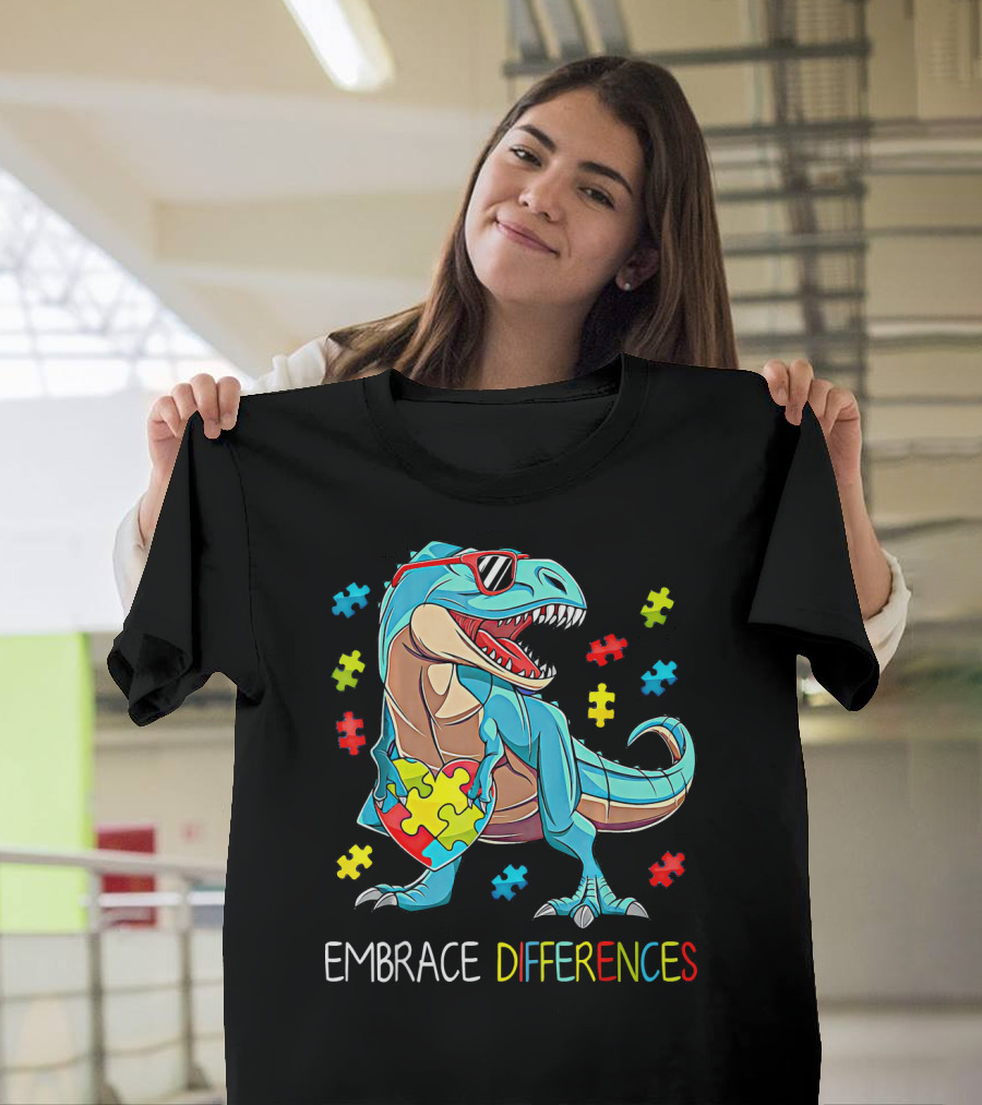 Embrace Differences Autism Awareness Dinosaur Rex Puzzle T-Shirt