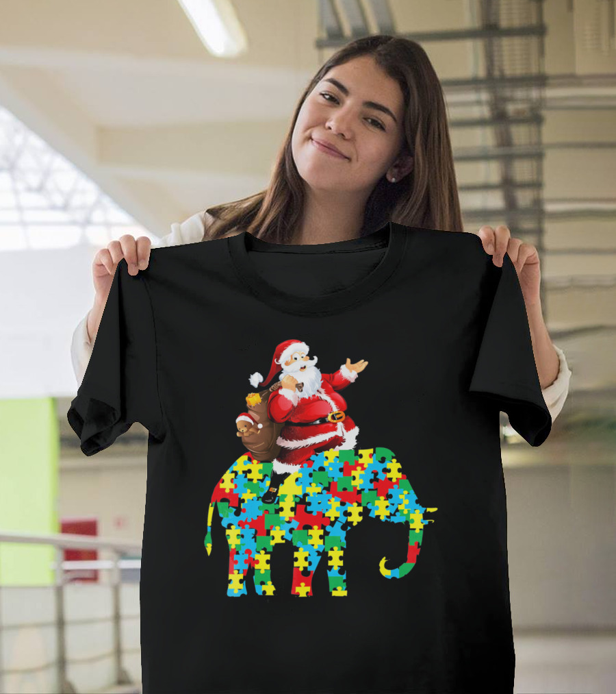 Santa Claus Riding Puzzle Piece Elephant Christmas Autism T-Shirt