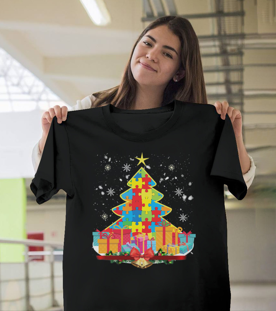 Christmas Tree Puzzle Pieces Autism Awareness T-Shirt