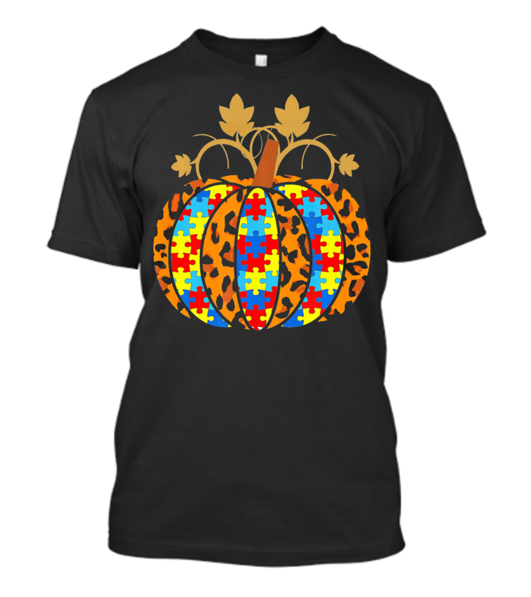Autism Awareness Puzzle Pieces Leopard Print Pumpkin T-Shirt