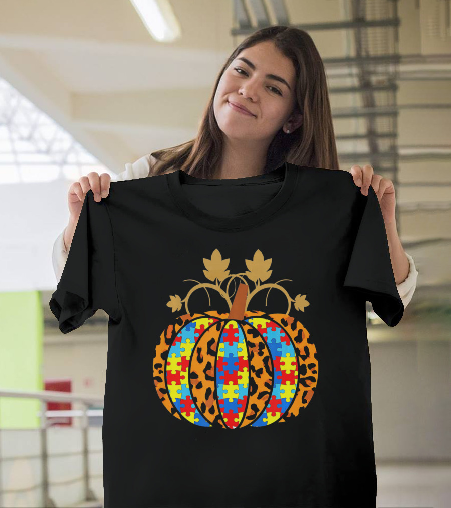 Autism Awareness Puzzle Pieces Leopard Print Pumpkin T-Shirt