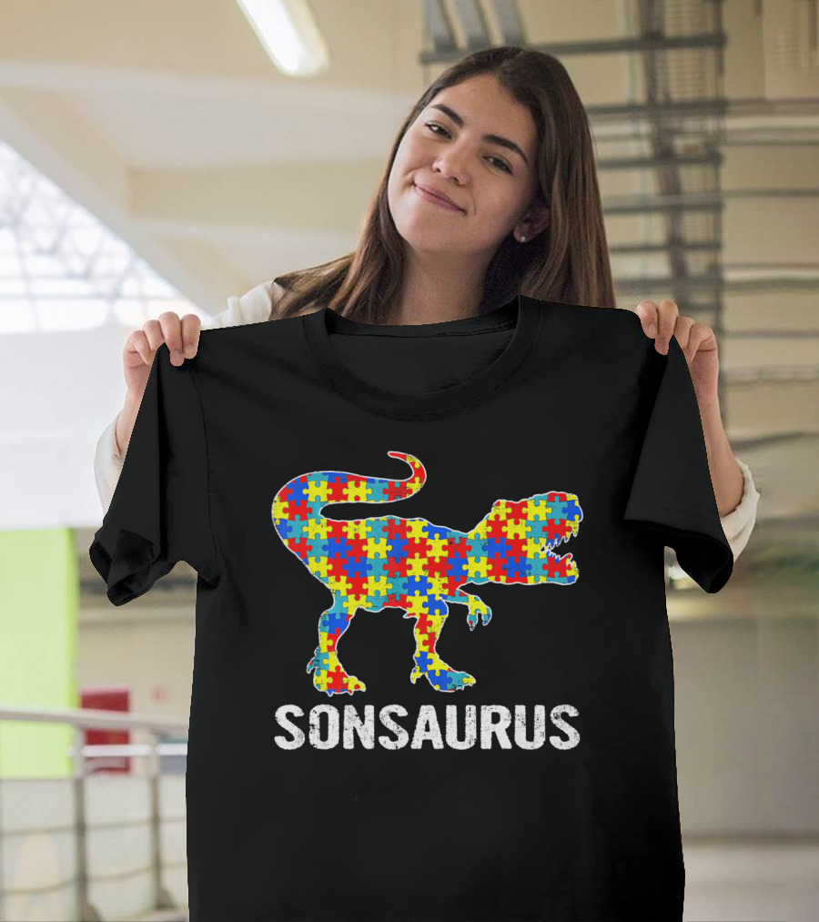 Sonsaurus Strong Dinosaur Autism Awareness Puzzle T-Shirt