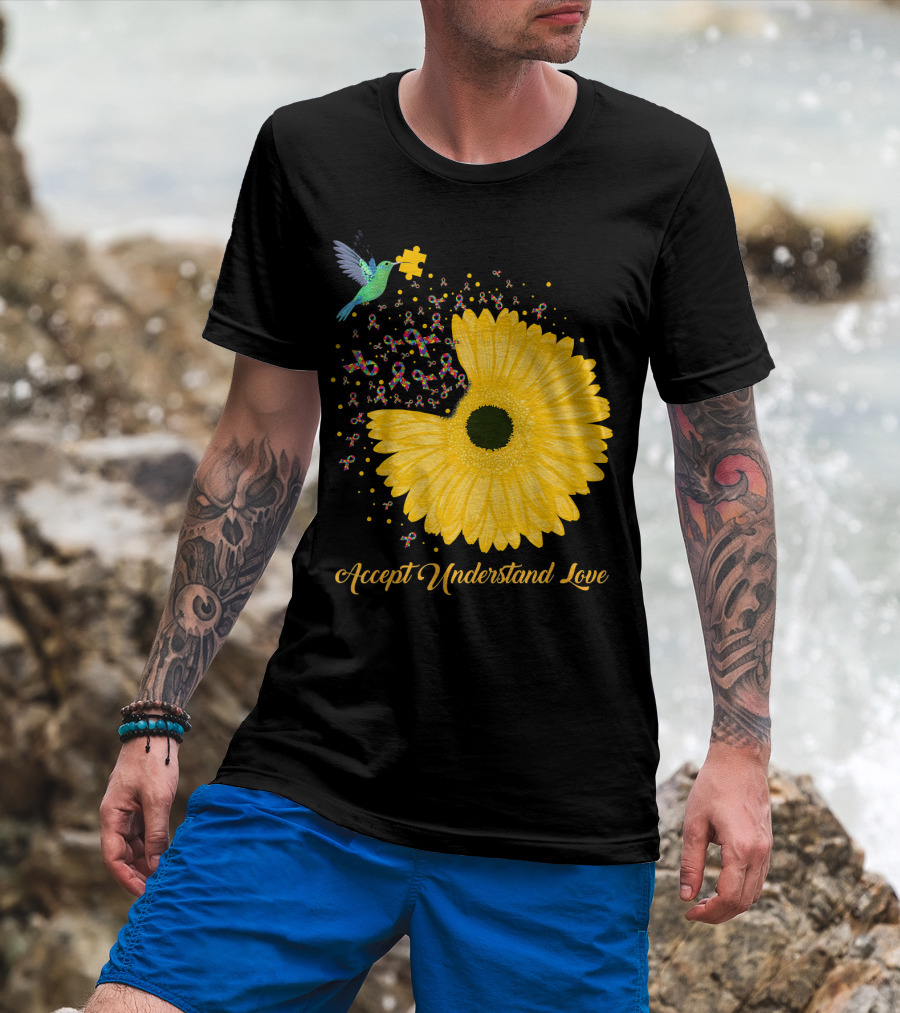 Sunflower Accept Understand Love Puzzle Piece Hummingbird Autism Awareness T-Shirt
