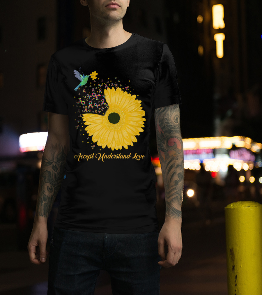 Sunflower Accept Understand Love Puzzle Piece Hummingbird Autism Awareness T-Shirt