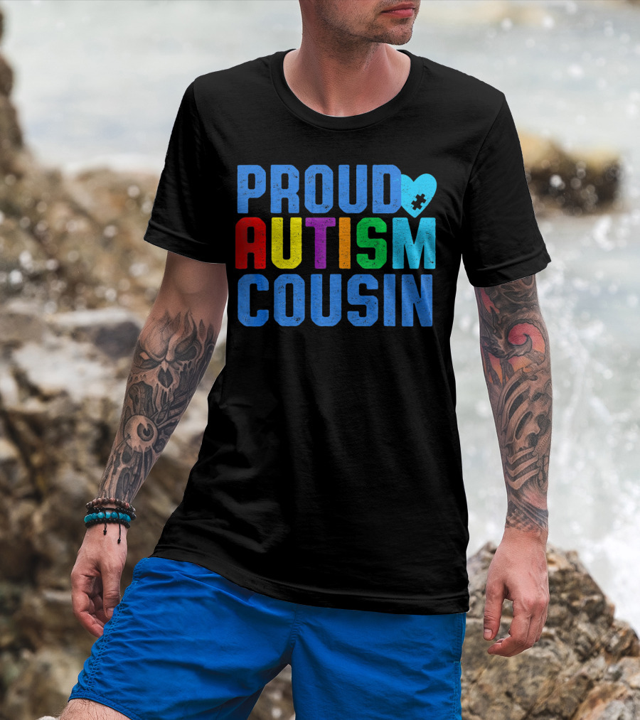 Proud Autism Cousin Family Support Rainbow Puzzle Heart T-Shirt