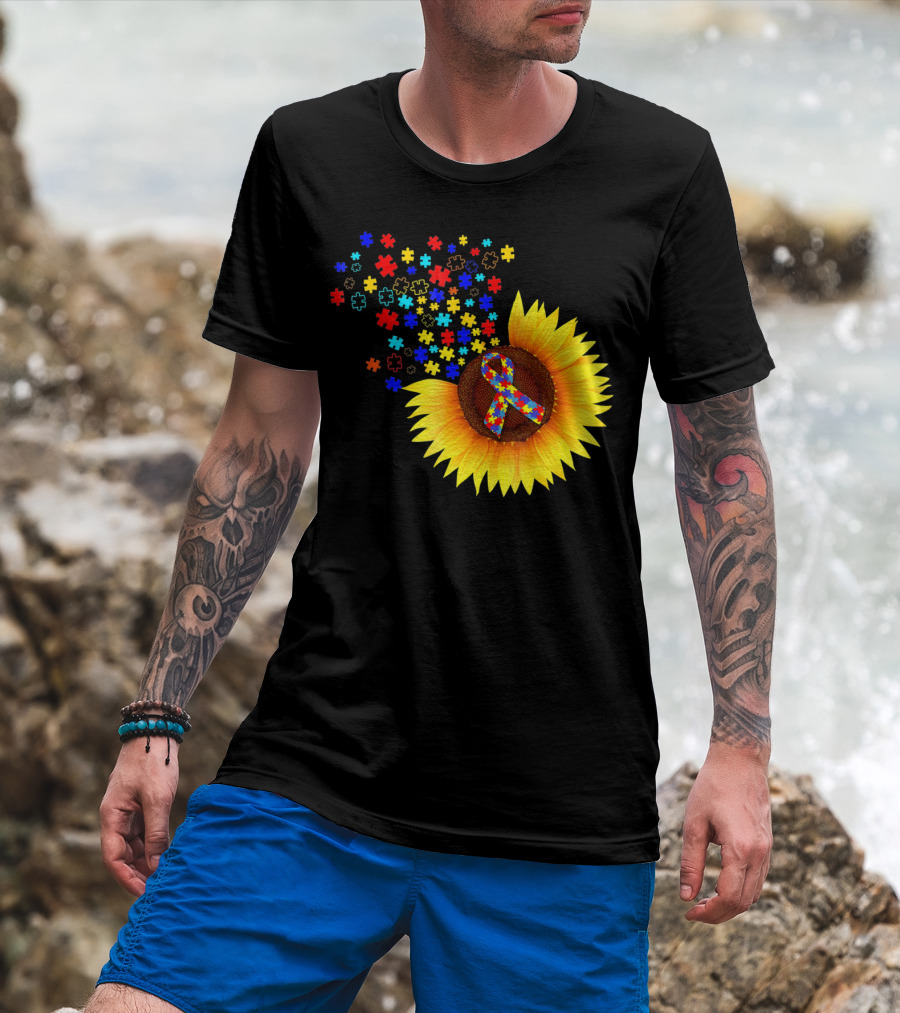 Sunflower Autism Awareness Ribbon With Colorful Puzzle Pieces T-Shirt