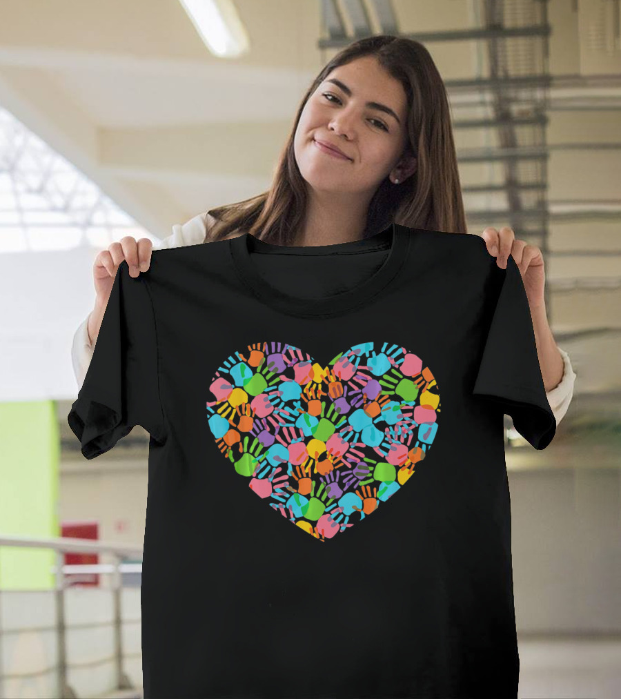 Colorful Handprint Heart Autism Awareness Valentines Day T-Shirt
