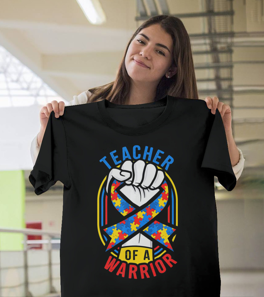 Teacher of a Warrior Autism Awareness Puzzle Ribbon Fist T-Shirt