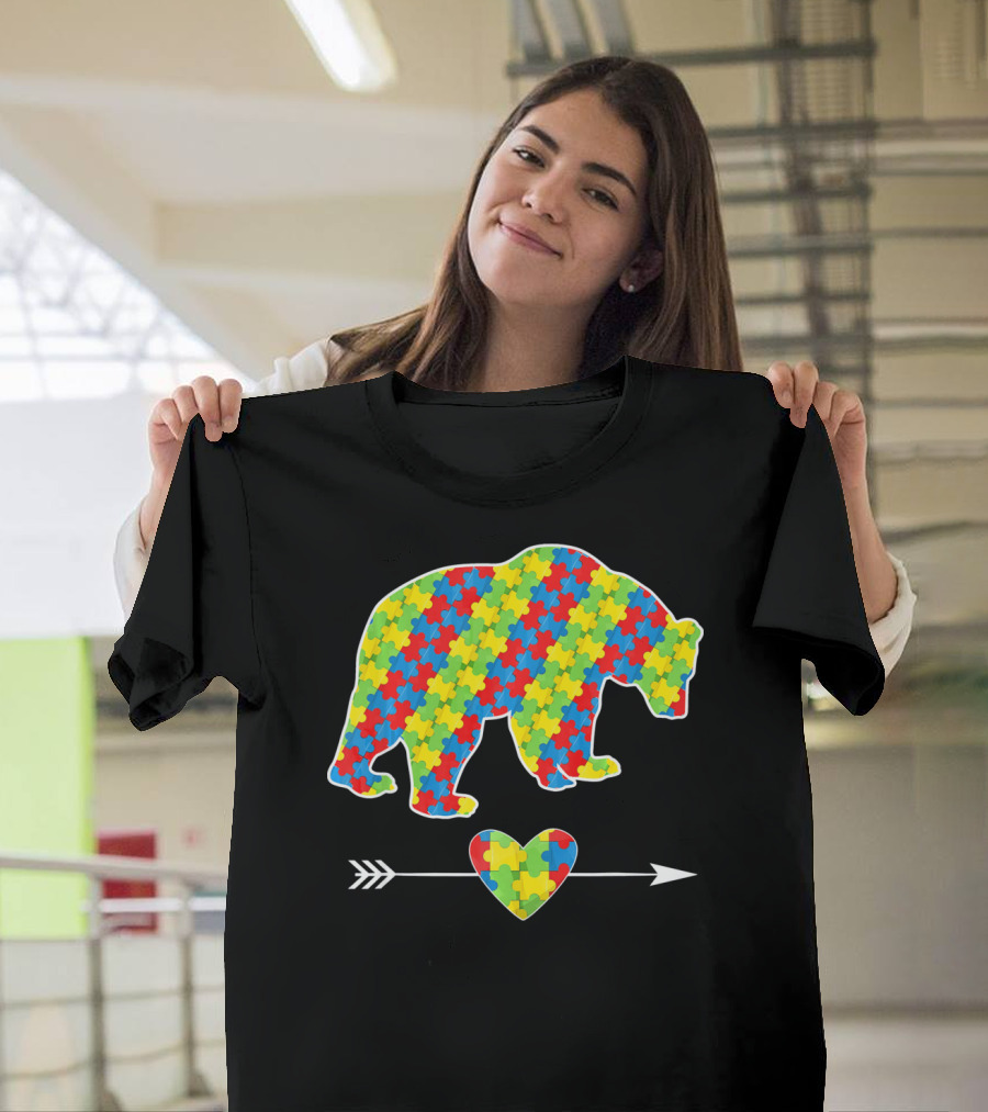 Bear With Puzzle Pieces And Arrow Heart Autism Awareness T-Shirt