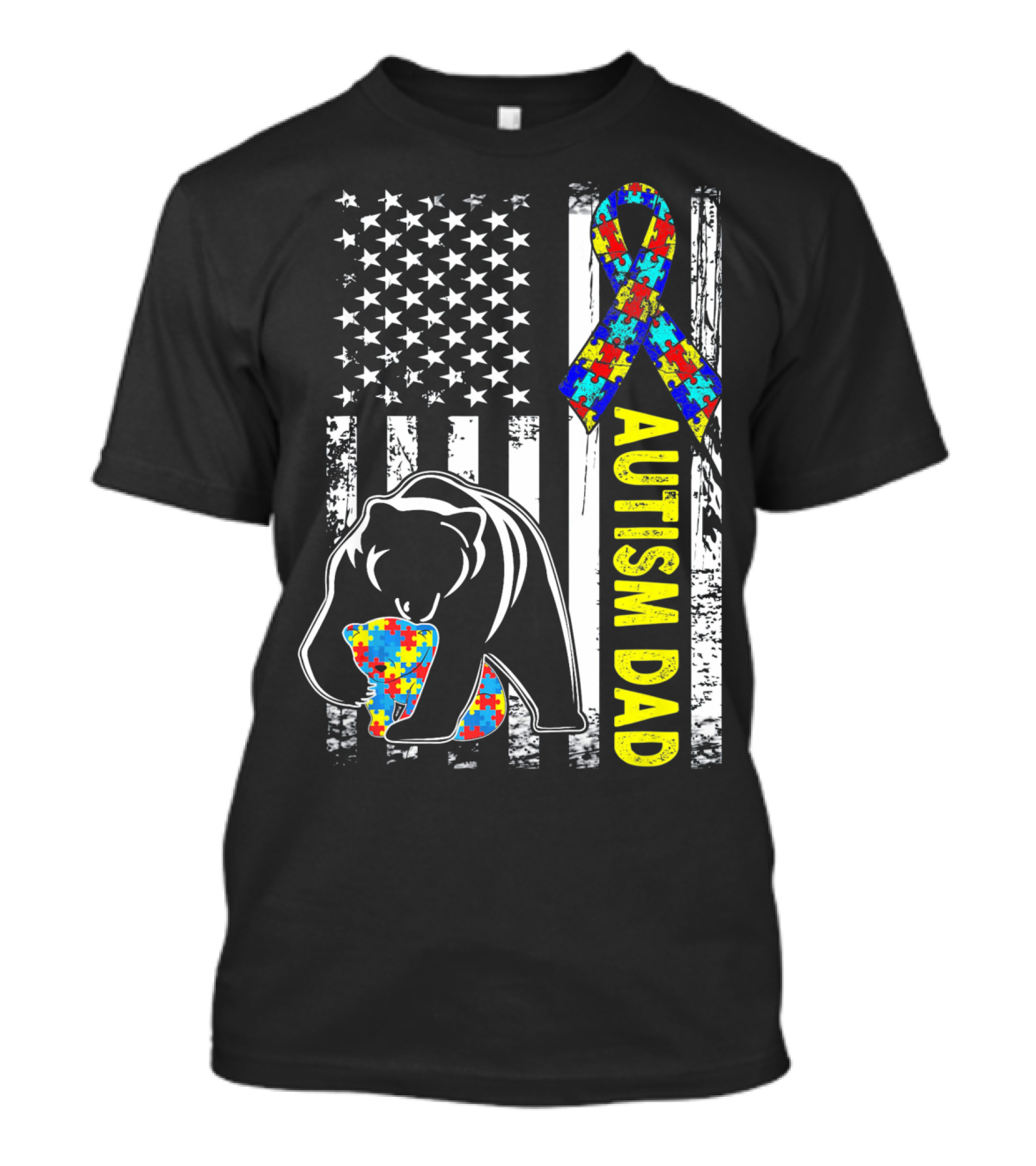 Autism Dad Awareness Bear American Flag Puzzle T-Shirt