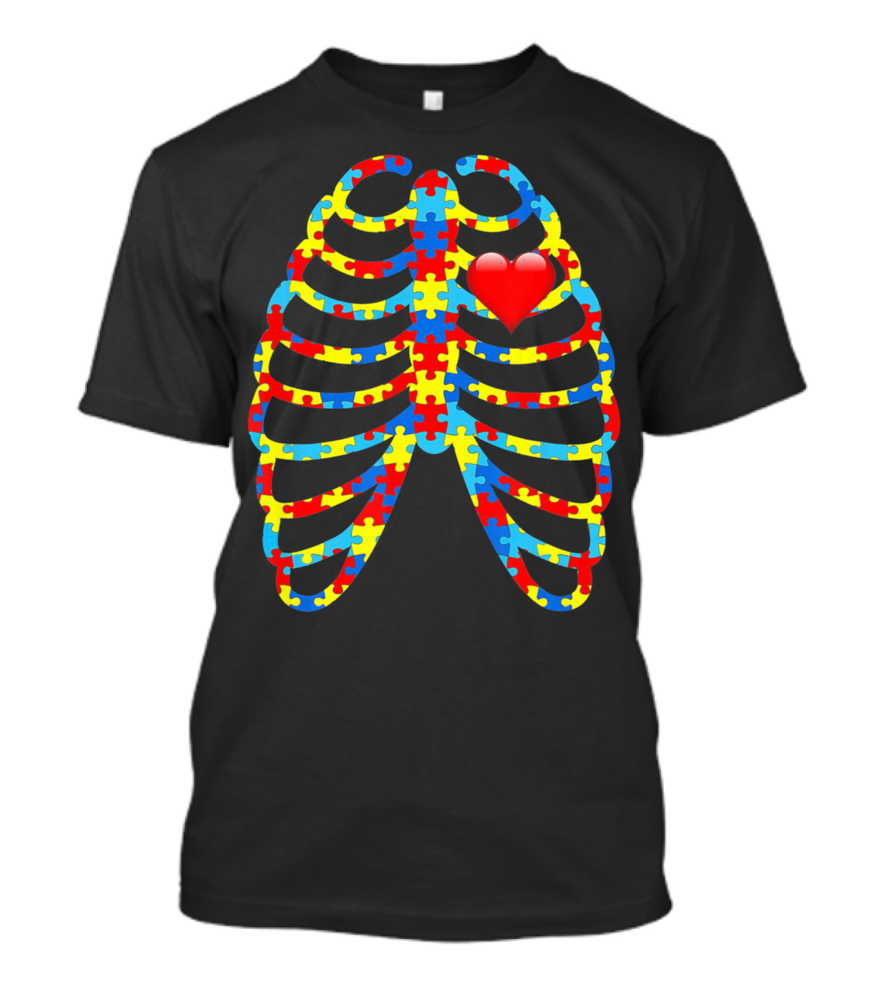 Colorful Puzzle Skeleton Rib Cage Autism Awareness Heart T-Shirt
