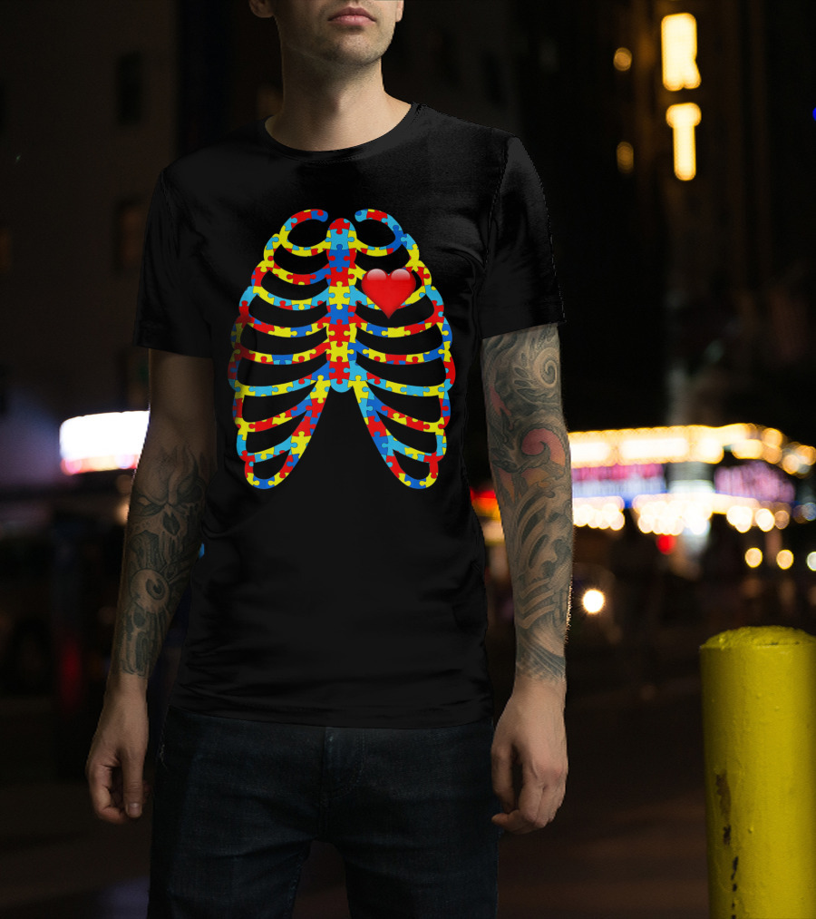 Colorful Puzzle Skeleton Rib Cage Autism Awareness Heart T-Shirt