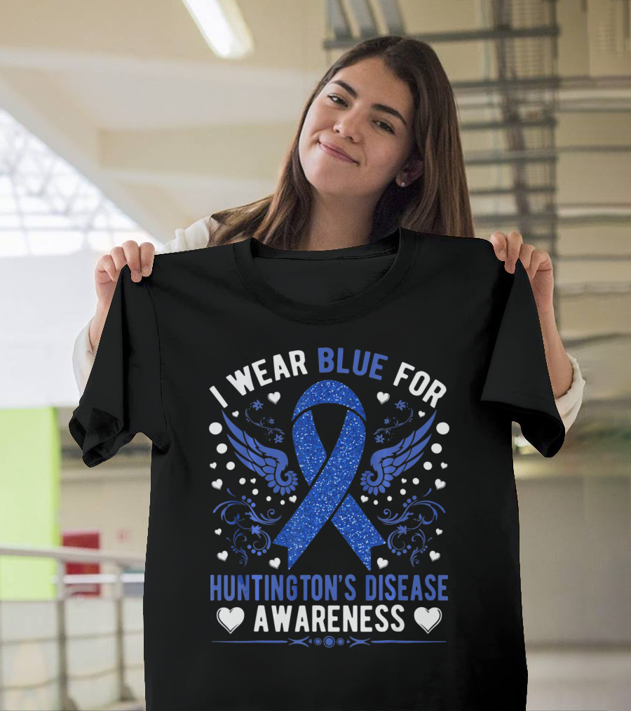 I Wear Blue For Huntington's Disease Awareness Ribbon Wings Hearts T-Shirt