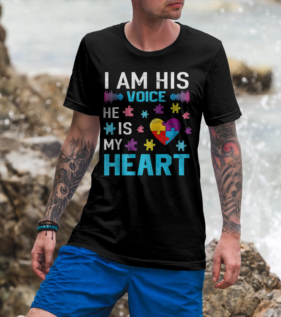 I Am His Voice He Is My Heart Puzzle Heart Autism Awareness T-Shirt