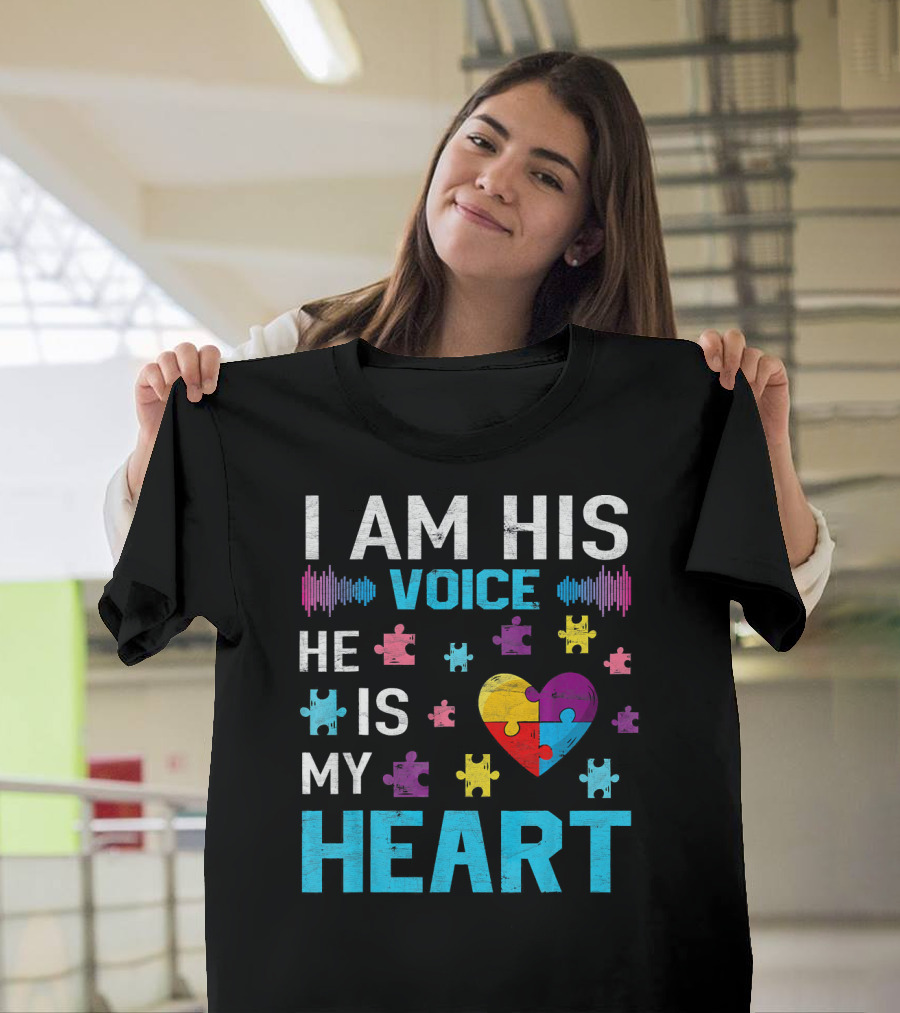 I Am His Voice He Is My Heart Puzzle Heart Autism Awareness T-Shirt
